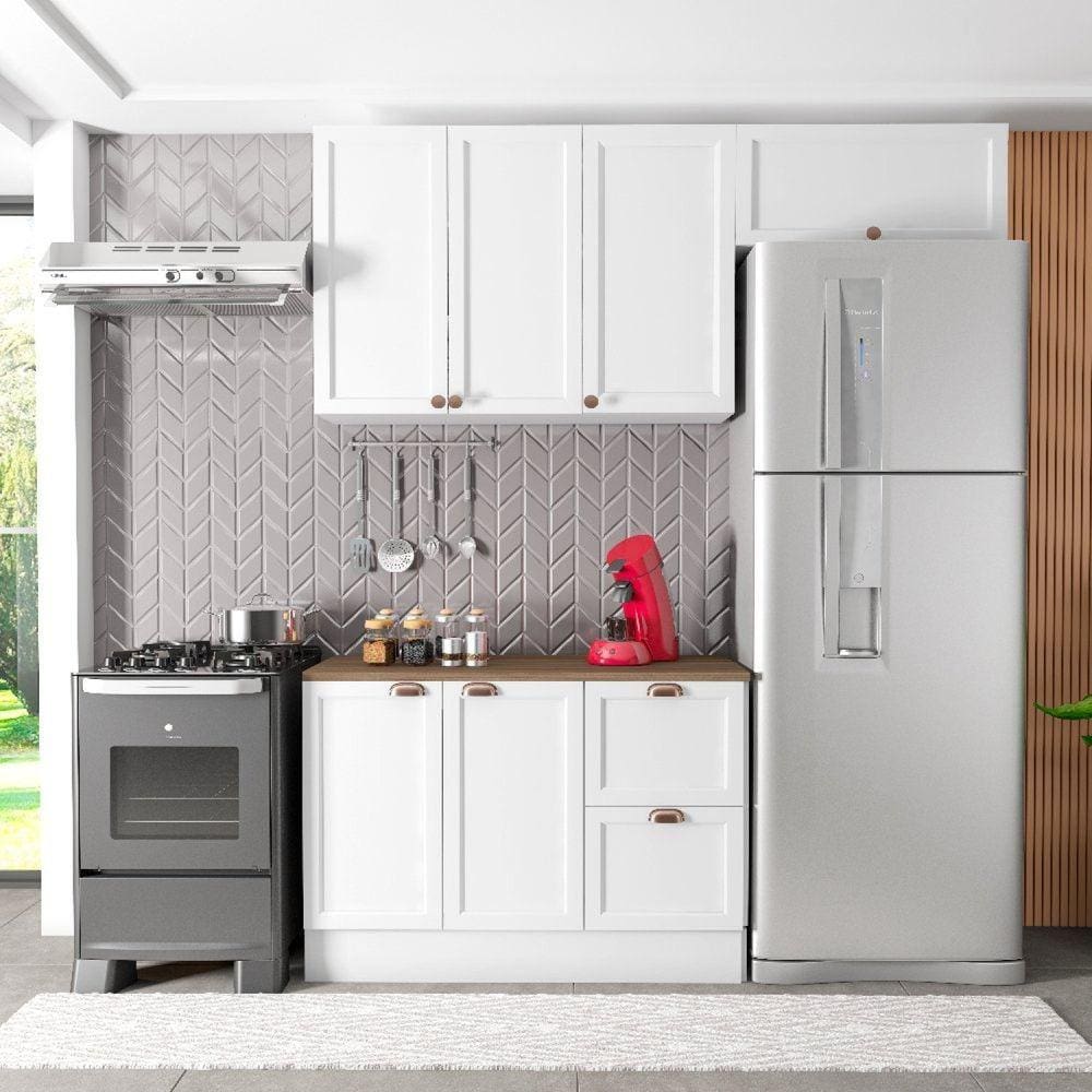 Cozinha Modulada 3 Peças 6 Portas 2 Gavetas Balcão com Tampo Unna Branco