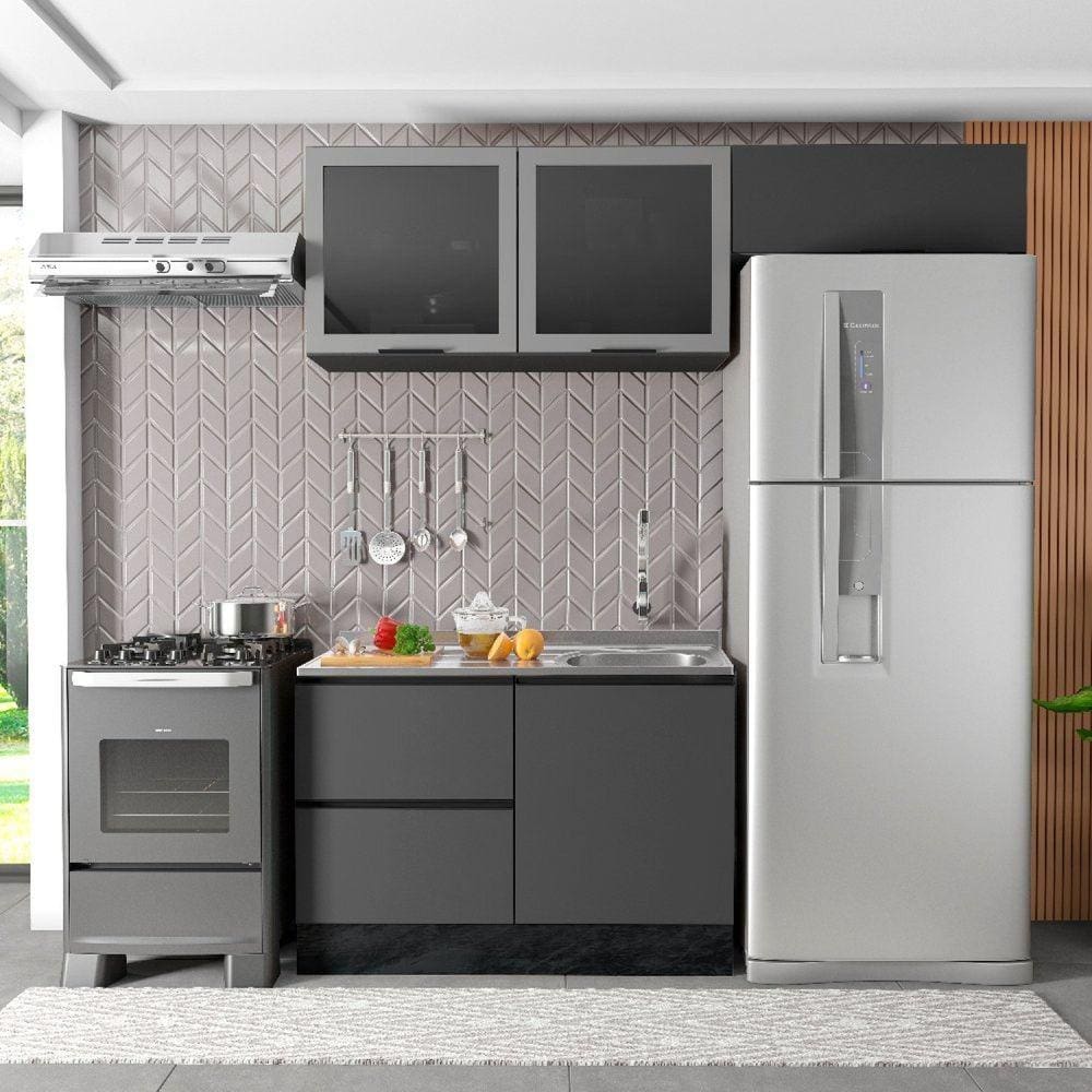 Cozinha Modulada 3 Peças 4 Portas 3 Gavetas com Balcão para Pia Etina Grafite