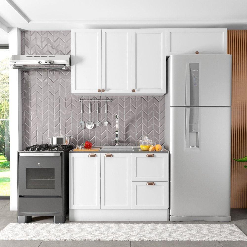 Cozinha Modulada 3 Peças 6 Portas 2 Gavetas com Balcão para Pia Unna Branco