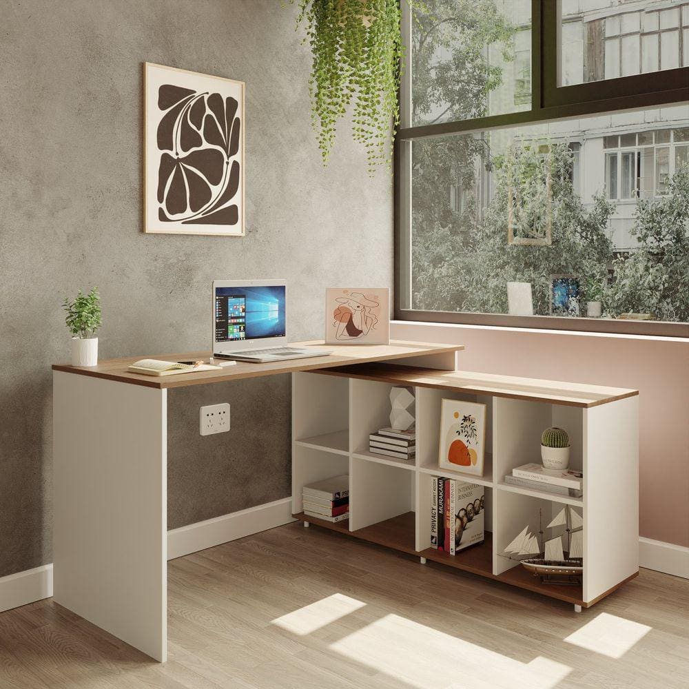 Mesa em L Escrivaninha Kubus com 8 Nichos Yescasa Branco/Amadeirado