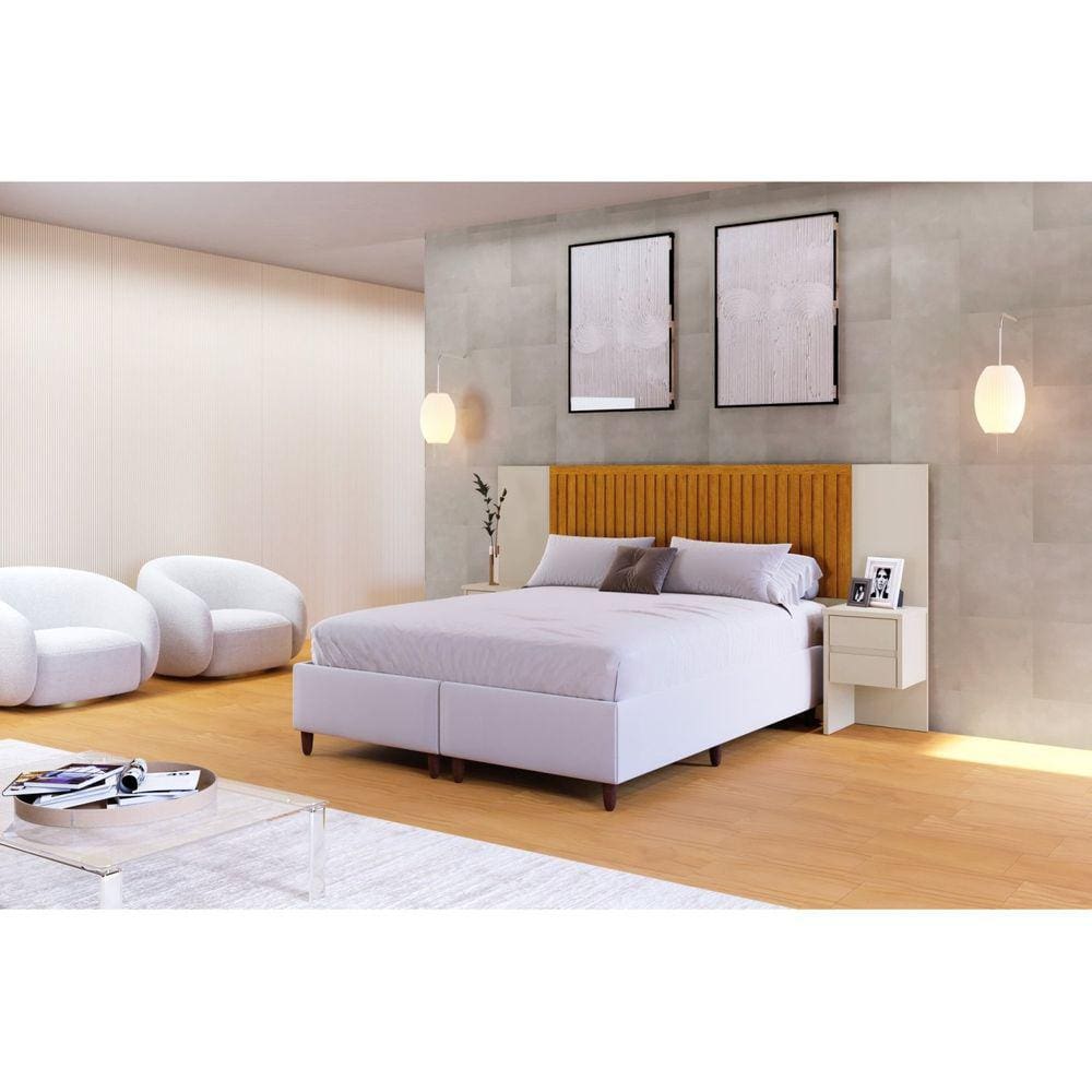 Cabeceira Extensível Florida com Painel Ripado 2 Mesas de Cabeceira com 2 Gavetas Off White/Marromle