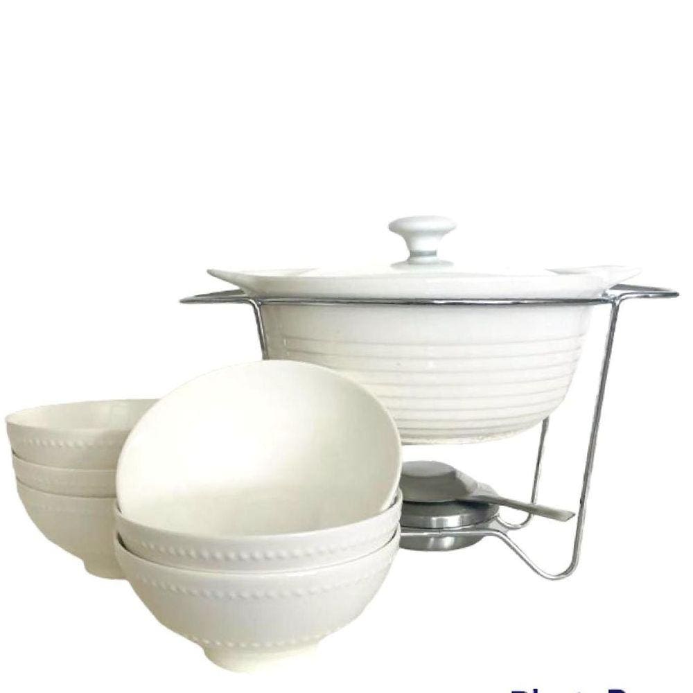 Rechaud Porcelana Redondo com Bowls Brancos Porcelana 7pç Dynasty
