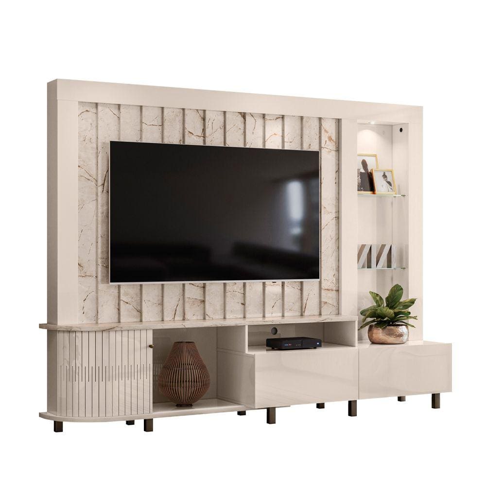 Estante para TV 70 Polegadas com LED Le Mans 2,40 m Cor Calacata Off White - Madetec