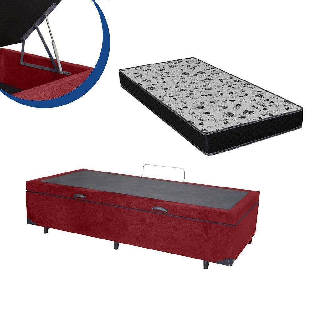 Cama Box Baú Solteiro Colchão Espuma D33 Bordado + Box Suede Vinho 59x78x188