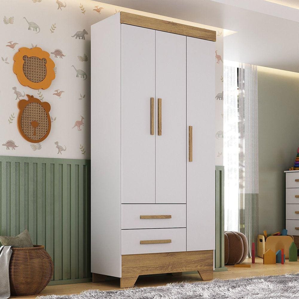 Guarda Roupa Infantil 3 Portas e 2 Gavetas Tic Tac Branco Fosco/Marrom