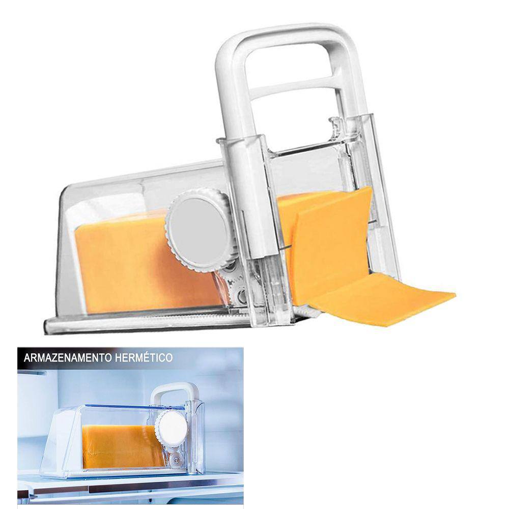 Cortador Ralador Fatiador de Queijo Presundo 4 em 1 Manual Lamina Inox Pote Hermetico Armazenamento Geladeira Cozinha Alimento Resistente Duravel
