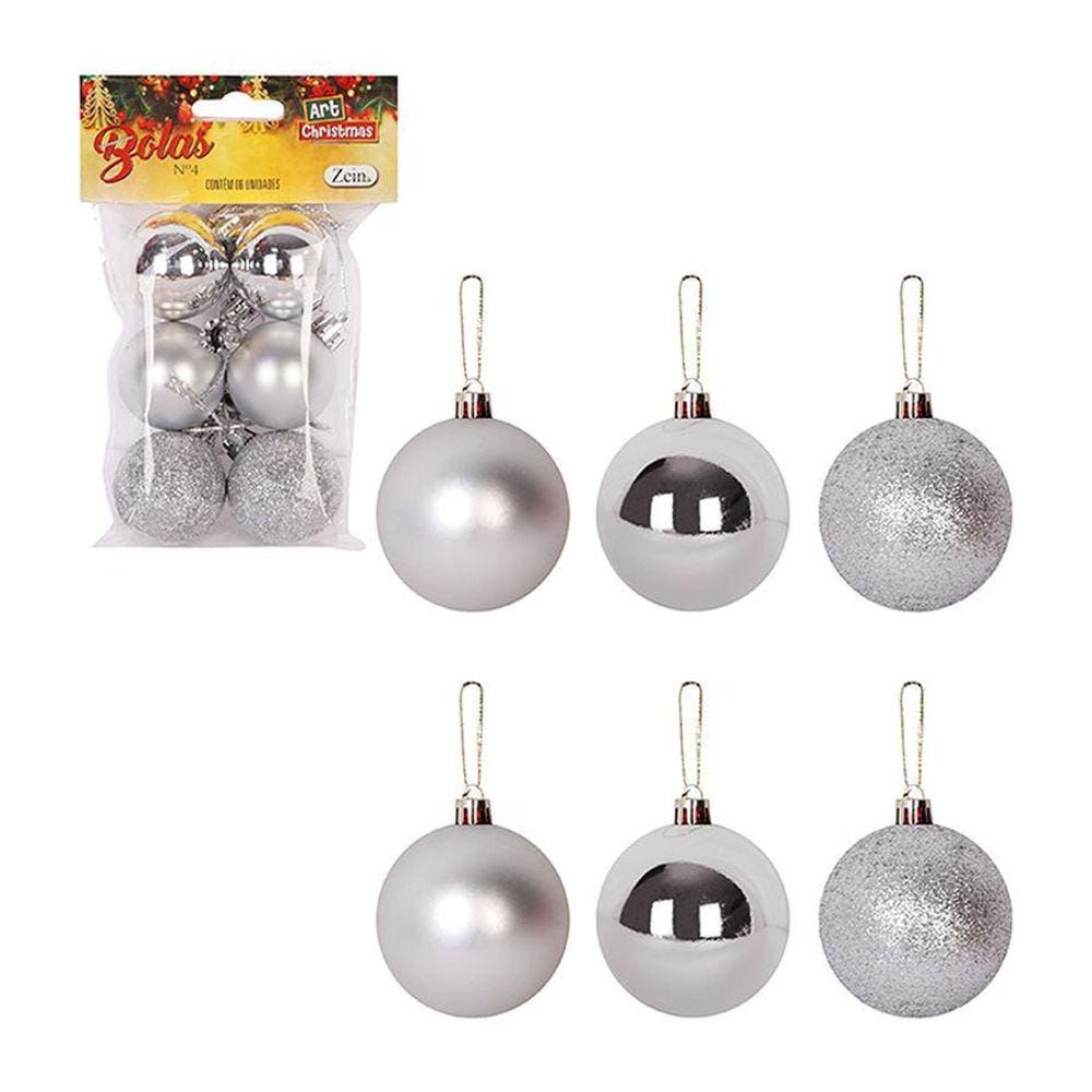 Enfeite Bola Arvore De Natal Prata 4Cm 6Un