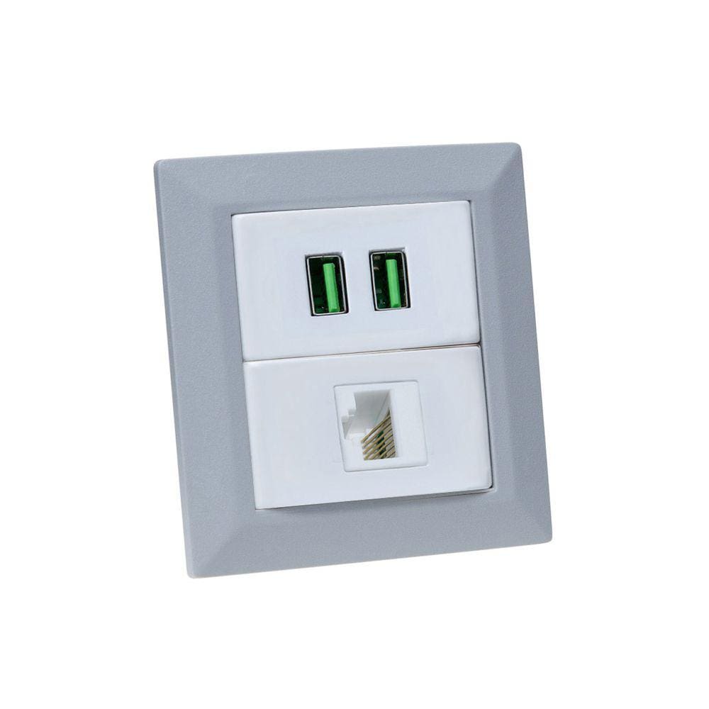 Espelho de Tomada Duplo Chanfrado 1 Rj-45 Cat5e 2Usb 4.9A Cz
