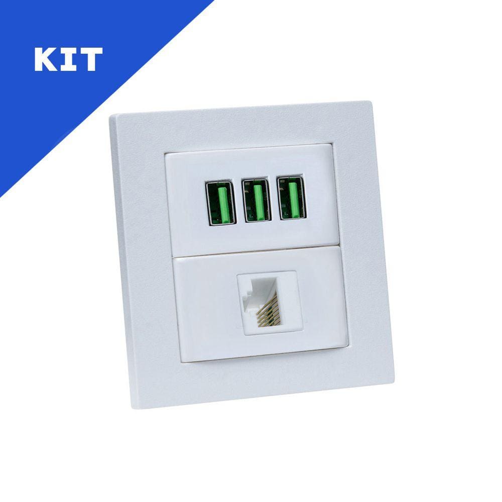 Kit 2 Espelhos de Tomadas Duplo Reto 3 USB 5.2A 1 RJ-45