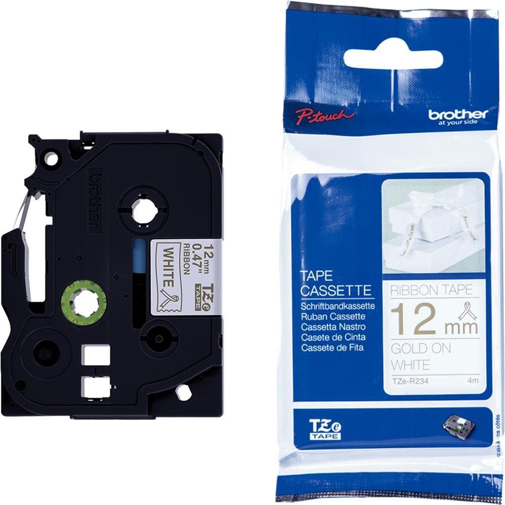 Fita Brother TZE-R234 12mm Ouro sobre Cetim Branco