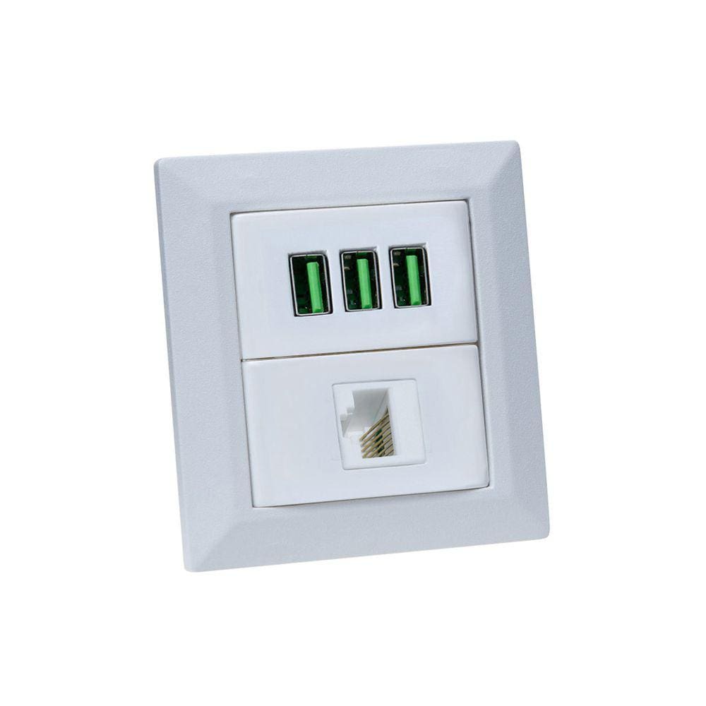 Espelho de Tomada Duplo Chanfrado 1 RJ-45 Cat5e 3Usb 5.2A Br