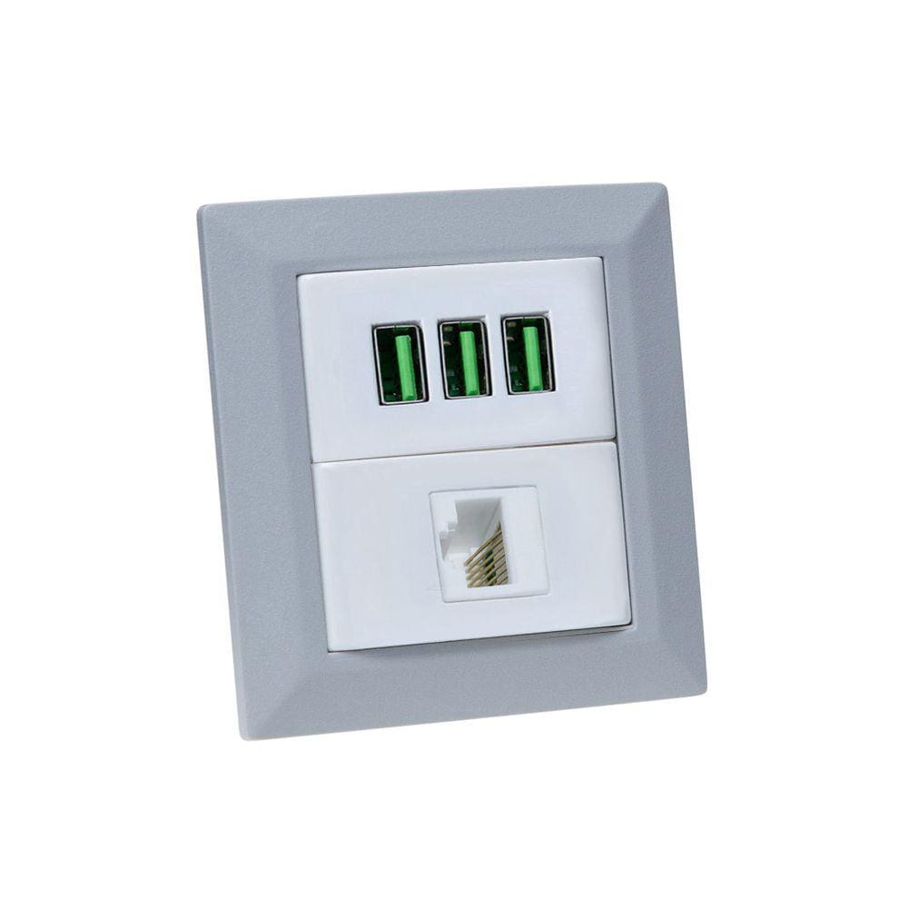 Espelho de Tomada Duplo Chanfrado 1 RJ-45 Cat5e 3Usb 5.2A Cz