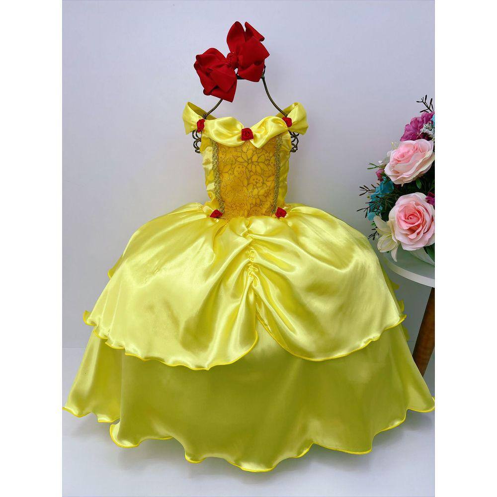 VESTIDO INFANTIL PRINCESA BELA E A FERA AMARELO C/ PÉROLAS