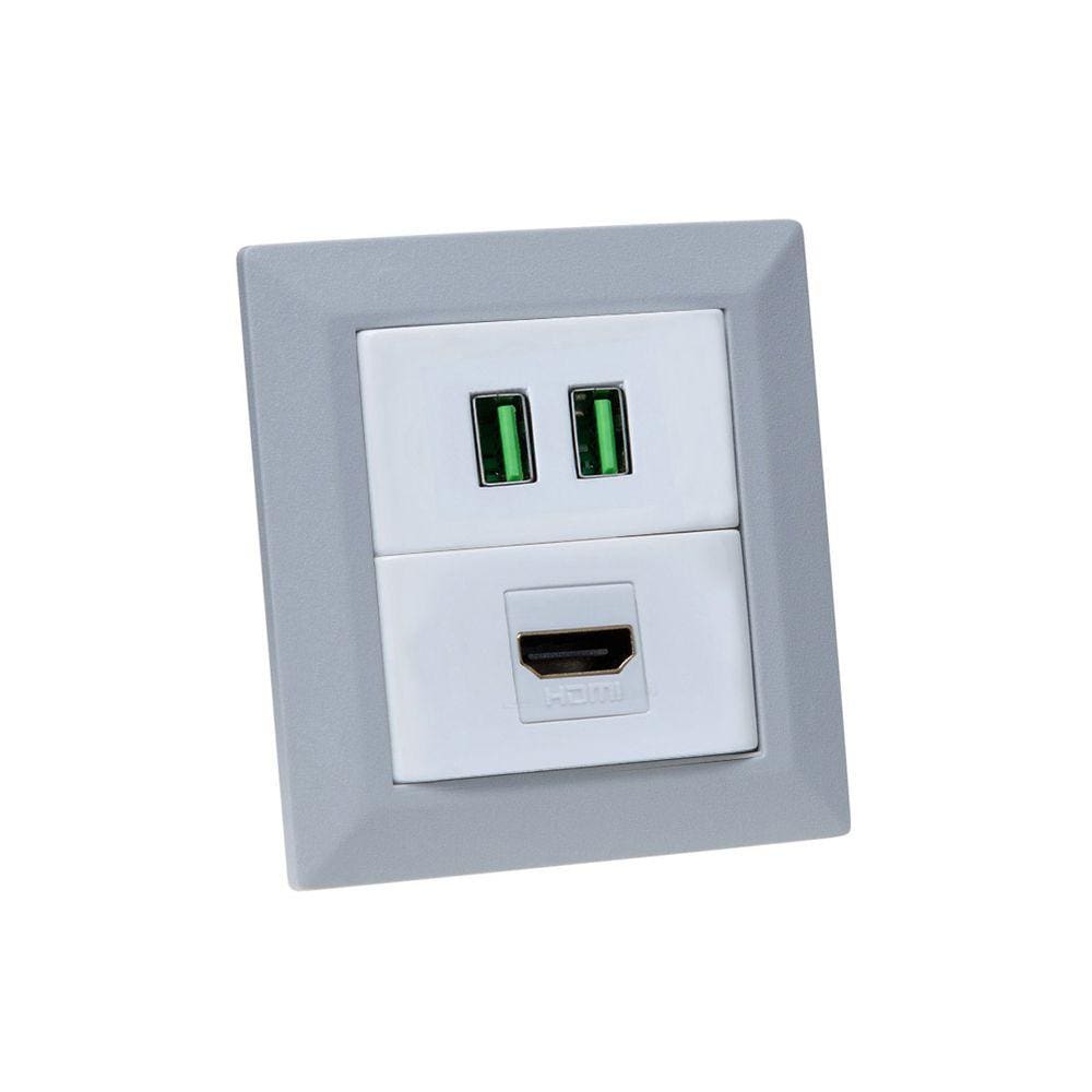 Espelho de Tomada Duplo Chanfrado 1 HDMI 2Usb 4.9A Cz