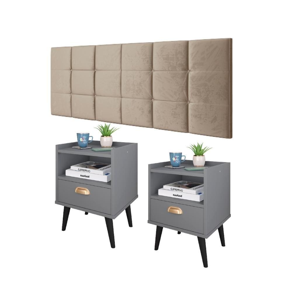 Jogo Quarto Completo Kit 2 Mesinhas Nicho Retrô Estilo Cinza e Cabeceira Suspensa Cama Box King Size 1.95 Bia Bege Suede - RPM Móveis