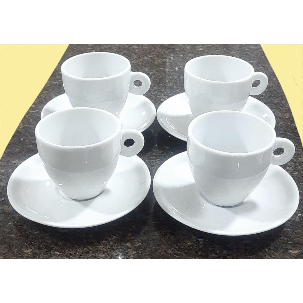 Kit Jogo 4 xícaras Café, Chá 150ml Cônica com pires - Porcelana branca