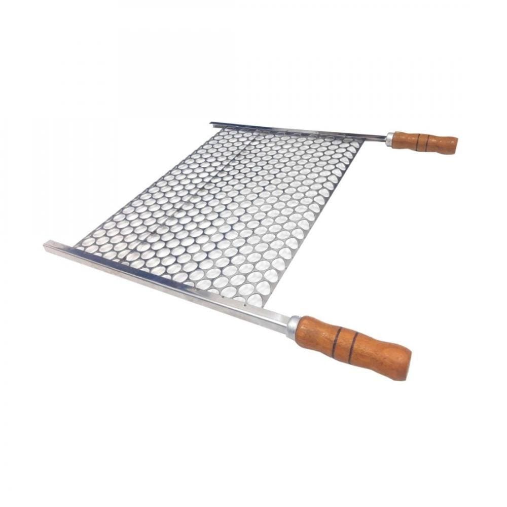 Grelha Moeda Inox 50x36 Para Churrasco Cabo Madeira E Ponteira
