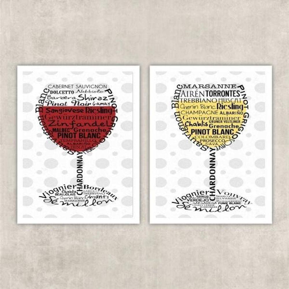 Kit 2 Quadros Vinho Branco E Vinho Tinto 24X18Cm - Com Vidro
