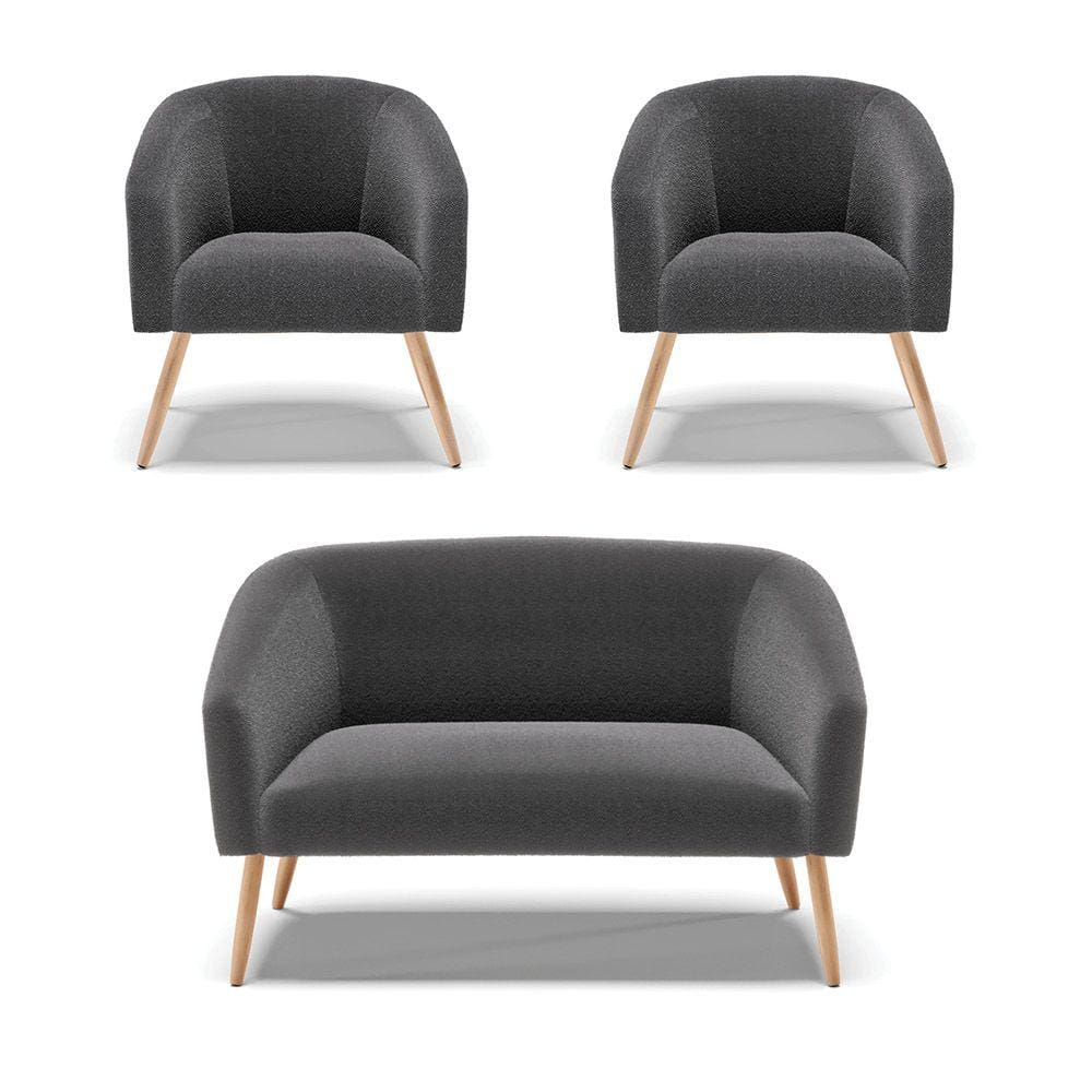 Kit 1 Sofá Namoradeira e 2 Poltronas Stella Bouclê Grafite Pés Palito Natural - D`Rossi