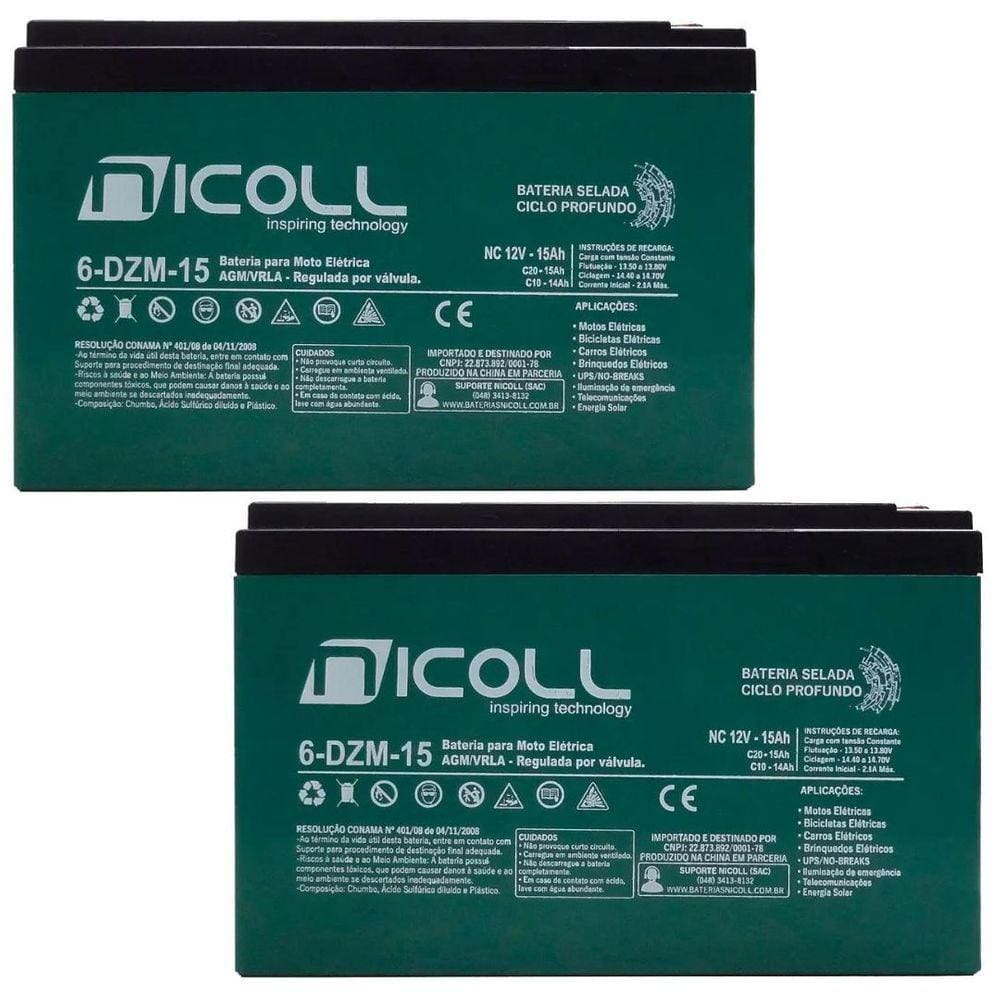 Bateria Para Bicicleta Elétrica Kit Com 2 Ciclo Profundo 12V 15Ah 6-Dzm-15 Nicoll