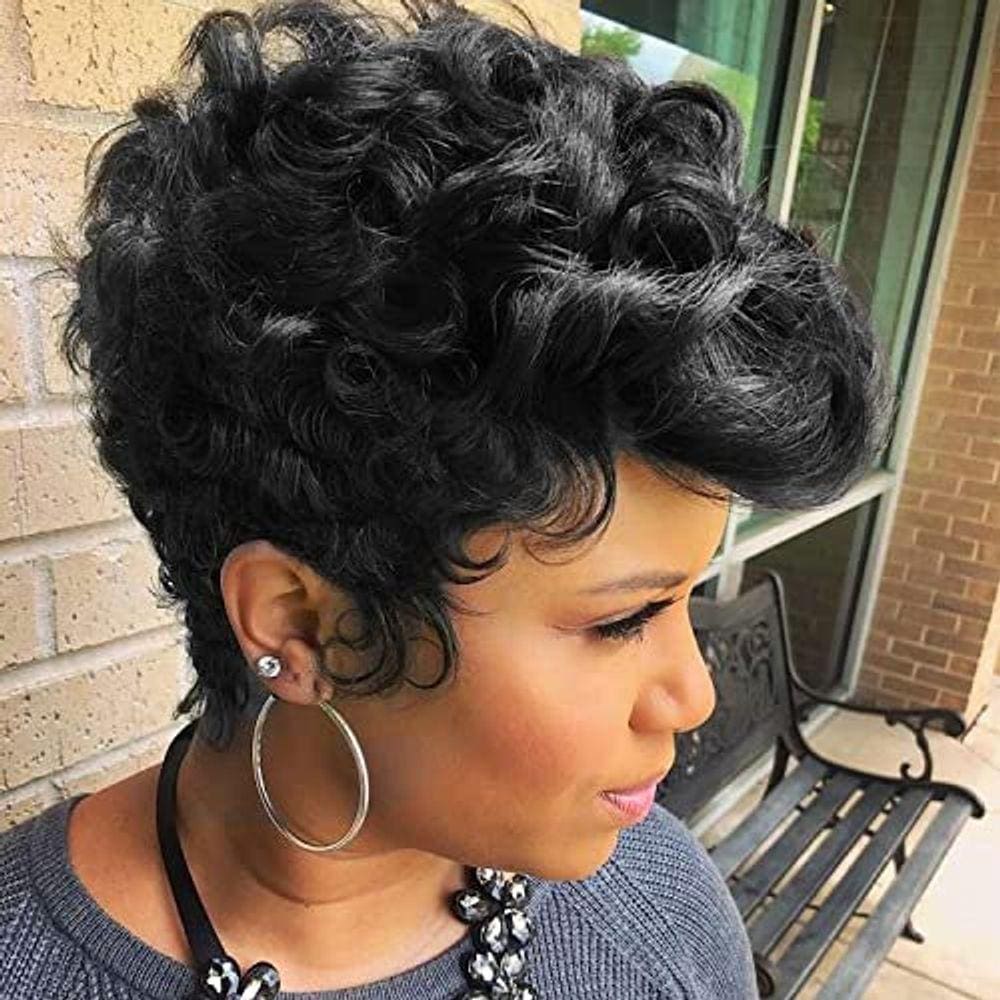 Perucas curtas pretas is com corte pixie para mulheres negras substituição de cabelo encaracolado perucas curtas pretas onduladas pixie com franja par