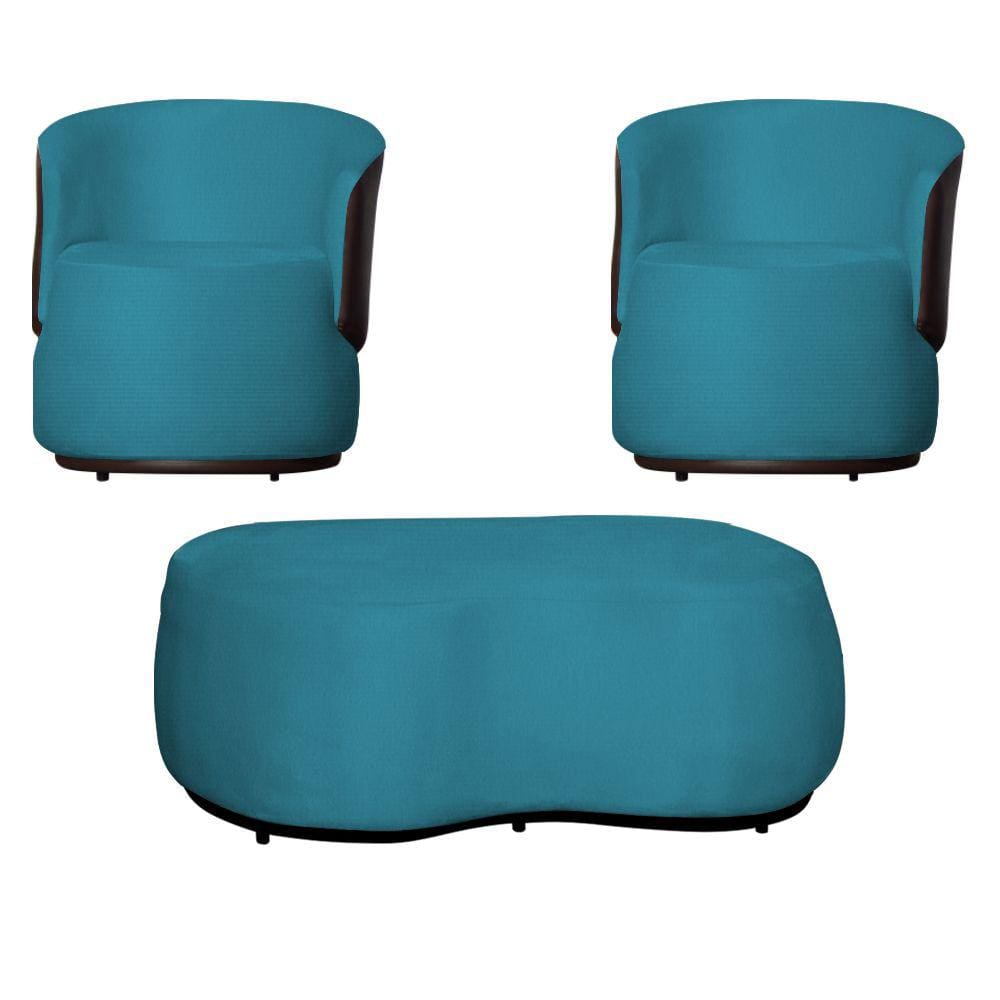 Kit 2 Poltronas Decorativas e 1 Puff Grande Design Orgânico Beatriz Suede Composê Corino Marrom - Estopar