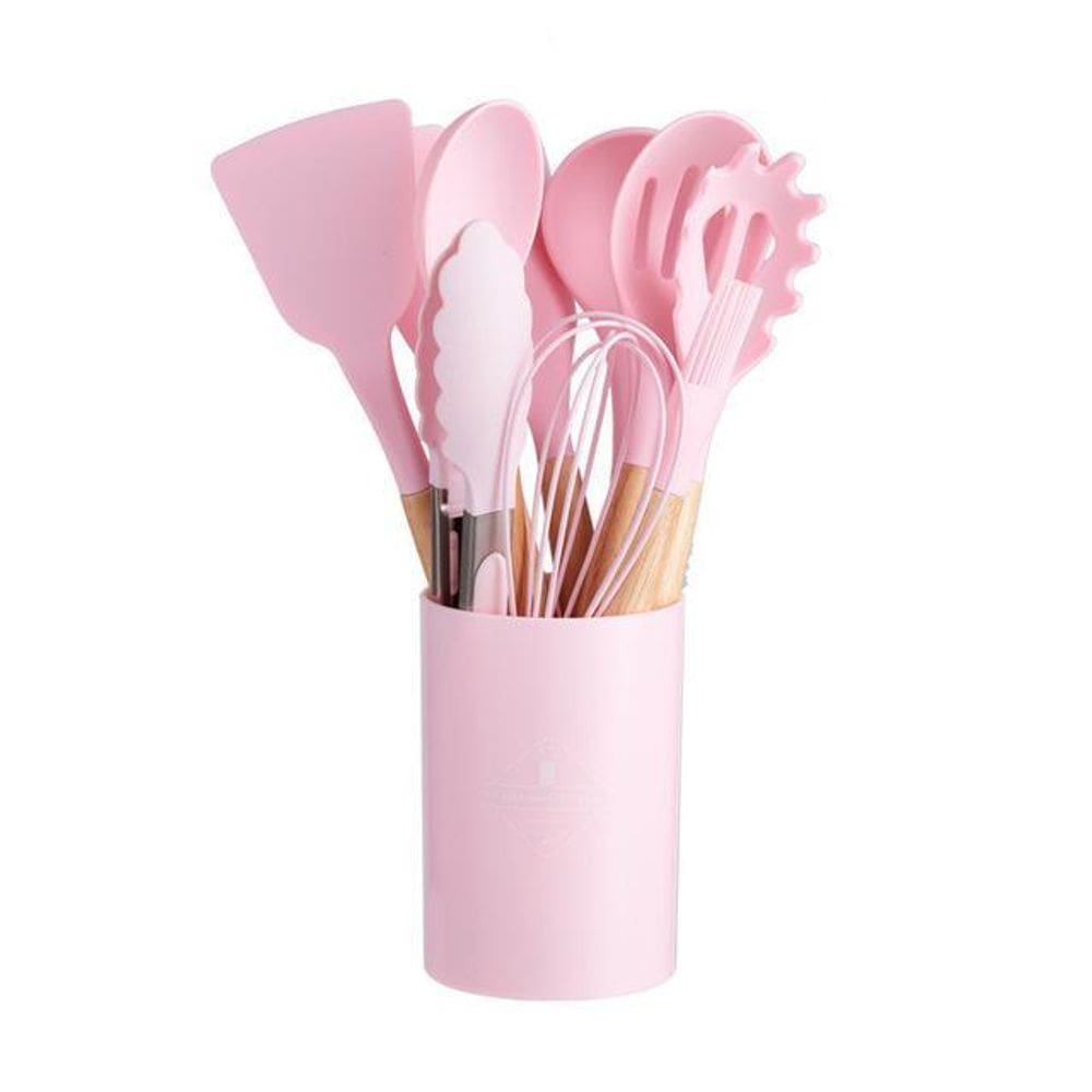Kit C/12 Utensílios De Cozinha Silicone Cabo Madeira