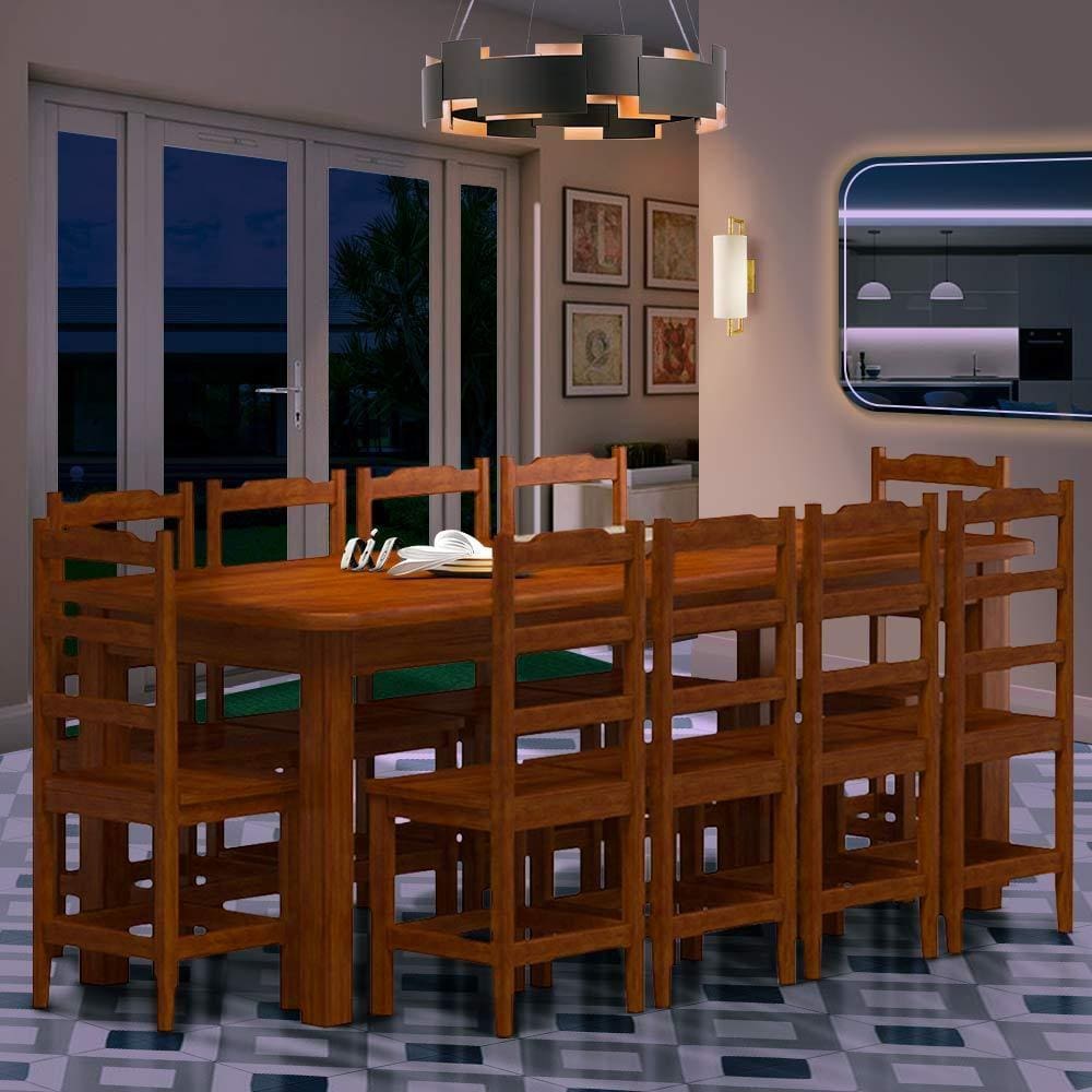 Mesa De Jantar Com 10 Cadeiras Madeira Maciça 220cm Marrom Pérola Nemargi