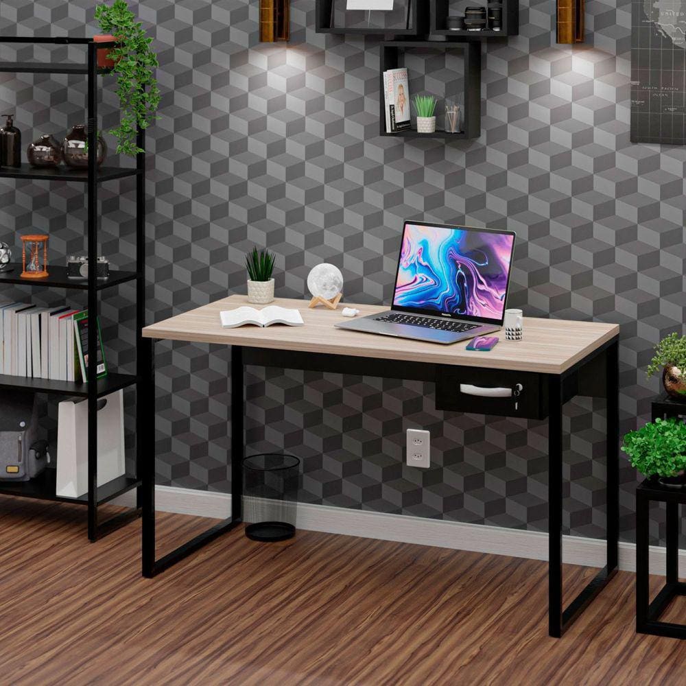 Mesa Para Escritório Diretor Estilo Industrial 135cm com Gaveteiro Carvalho