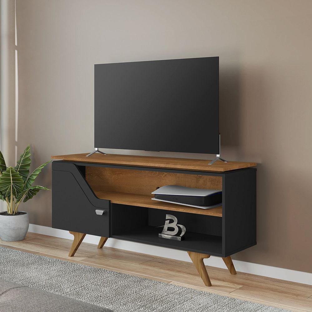Rack Para TV até 50 Polegadas Design Curvo e Frisos Decorativos 1 Porta Pés de Madeira Valência Preto Fosco/Marromlle