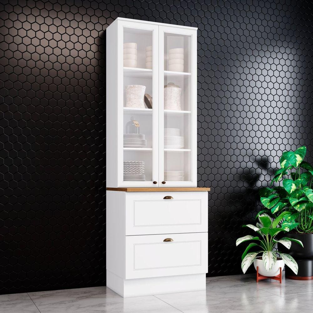 Cristaleira 2 Portas de Vidro 2 Gavetas Emily Espresso Móveis Marrom/Branco HP