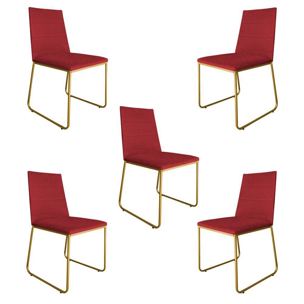 Kit 5 Cadeiras de Jantar Estofada Lille Base Gold Veludo Vermelho - Montanaris Decor