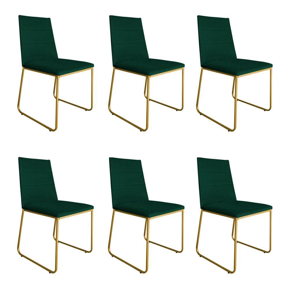 Kit 6 Cadeiras de Jantar Estofada Lille Base Gold Veludo Verde - Montanaris Decor