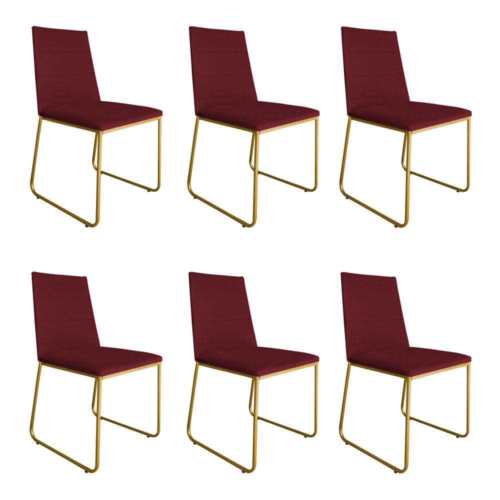 Kit 6 Cadeiras de Jantar Estofada Lille Base Gold Veludo Bordô - Montanaris Decor