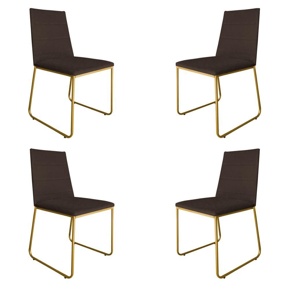 Kit 4 Cadeiras de Jantar Estofada Lille Base Gold Veludo Marrom - Montanaris Decor
