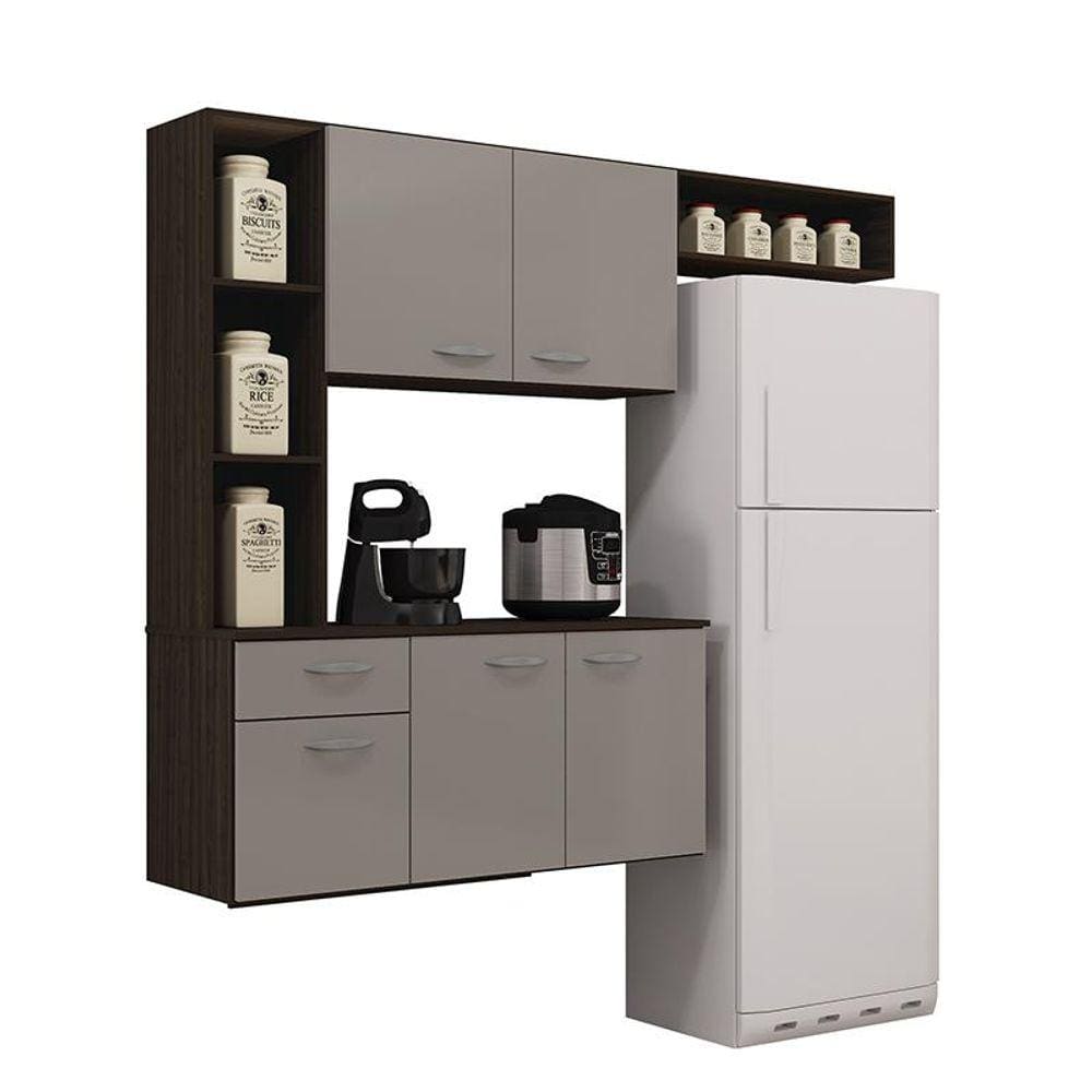 Armario Cozinha Isis 163 cm Com 5 Portas e 1 Gaveta Damasco/Preto