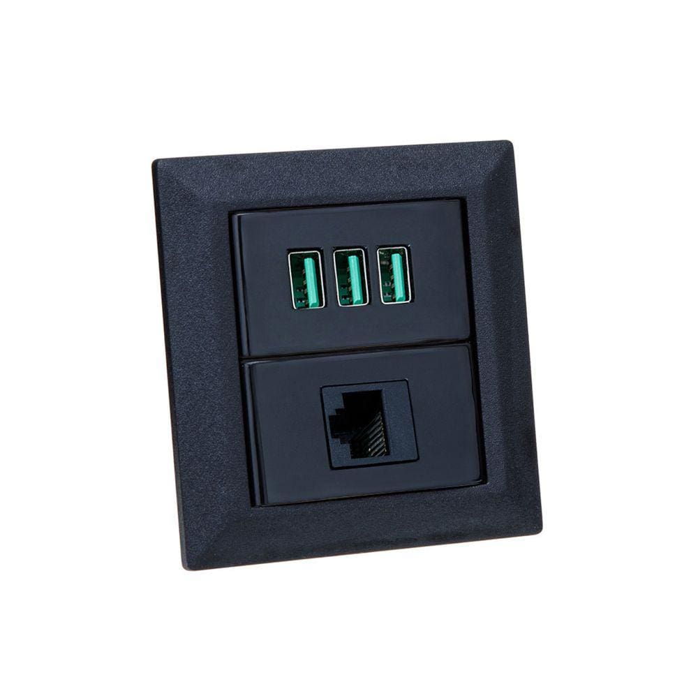 Espelho de Tomada Duplo Chanfrado 1 RJ-45 Cat5e 3Usb 5.2A Pr