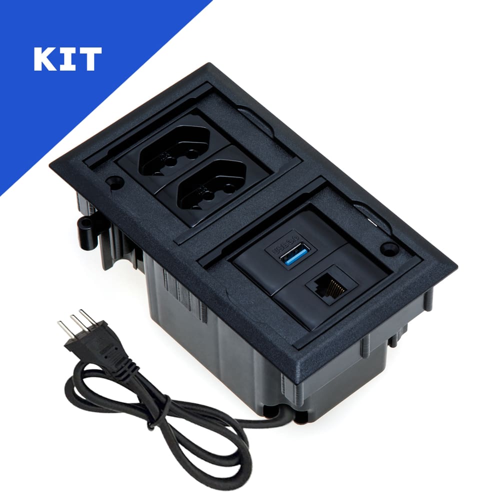 Kit Caixas Tomadas Embutir 2 Tom 20A 1 USB Dados 1 RJ-45