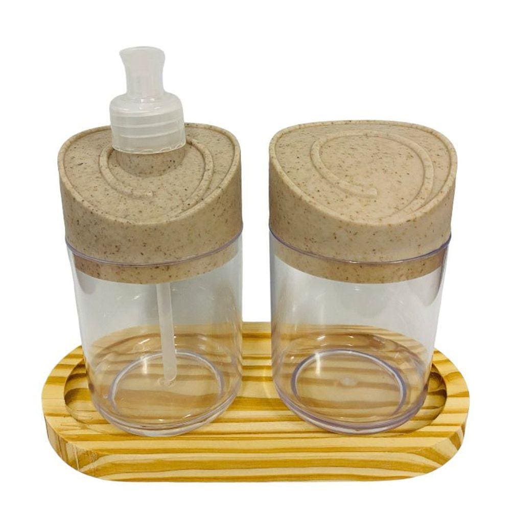 Kit Banheiro Transparente c/ 2 peças + Bandeja de Madeira