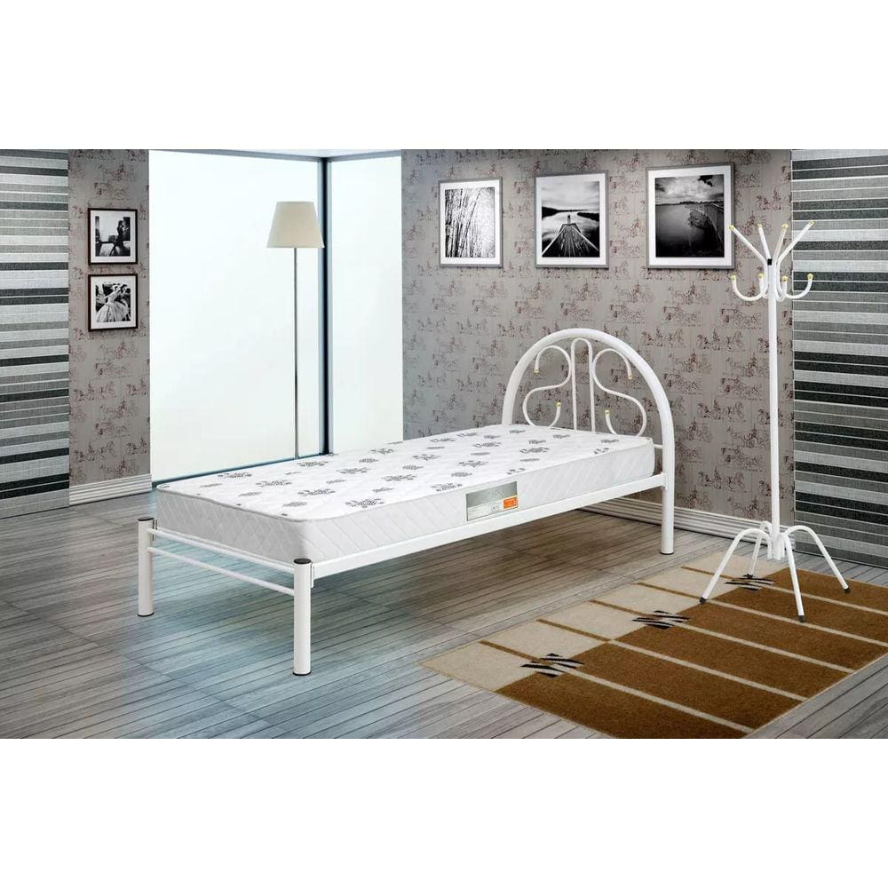 Cama Solteiro de Ferro Tubular Branca Com Estrado Em Pinus 022