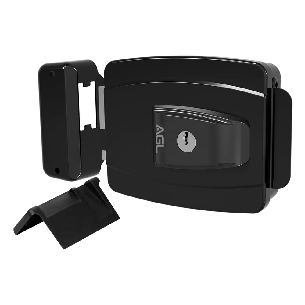 Fechadura mini AGL 42mm chave simples 12v externa preta