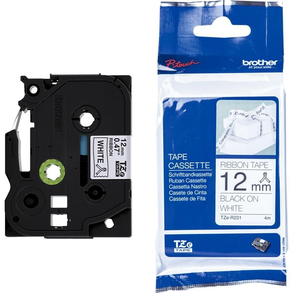 Fita Brother TZE-R231 12mm Preto sobre Cetim Branco