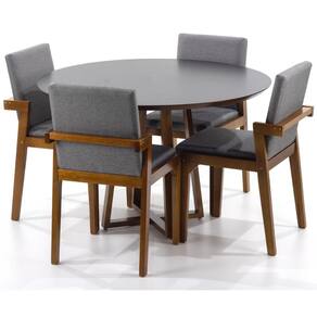 Conjunto Mesa de Jantar Redonda Cecília Amadeirada Natural 120cm com 4  Cadeiras Estofadas Isabela Cinza