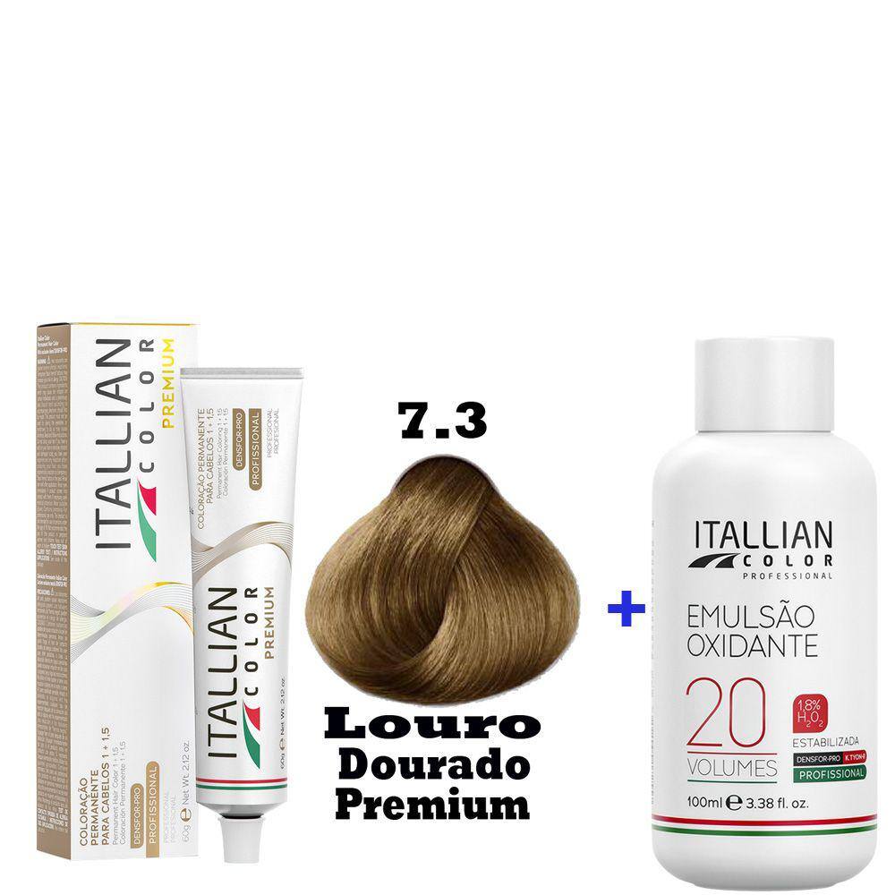 Kit Coloração Itallian Premium 60g Louro Dourado 7.3 + Emulsão Oxi 20vol.x100ml.