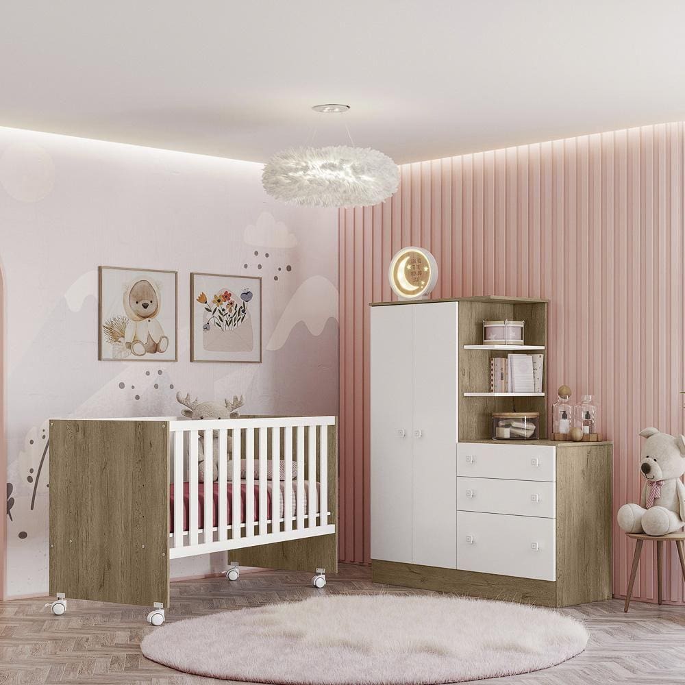 Conjunto Guarda Roupa Comoda e Berço Doce Sonho Com Colchão Carvalho Rustico/Branco