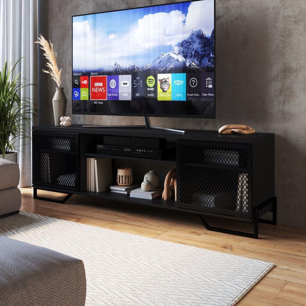 Rack Para TV ate 60 Polegadas Estilo Industrial 180cm em MDP e Portas Teladas P1027 Preto