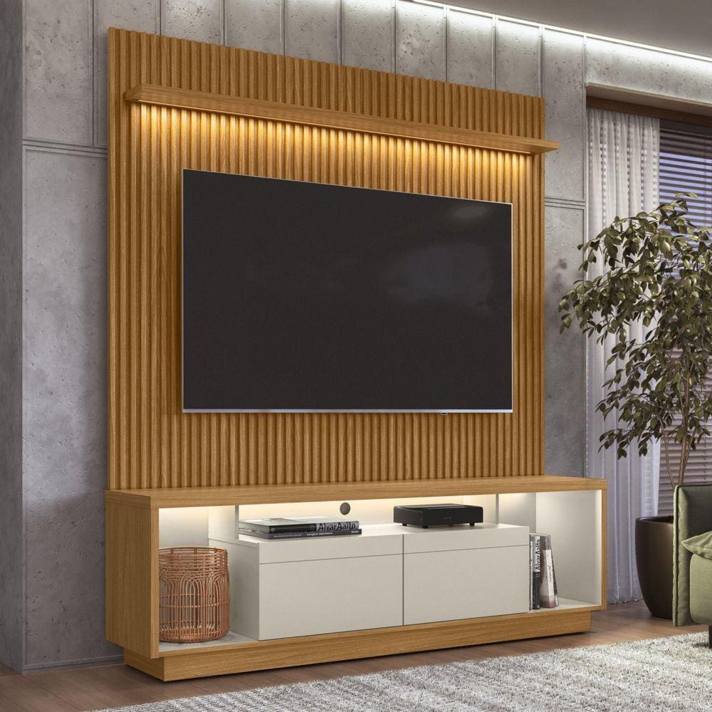 Conjunto Rack Cronos 1.8 com Painel Ouro Preto e Kit Fita LED 1 Fita 1600mm Marrom/ Off White