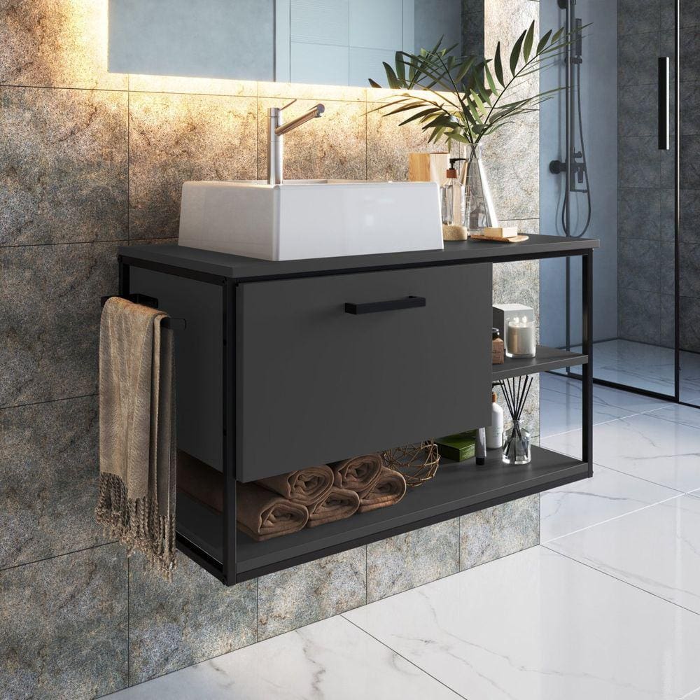 Gabinete Suspenso para Banheiro 80cm P1007 Sem Cuba Preto/Grafite