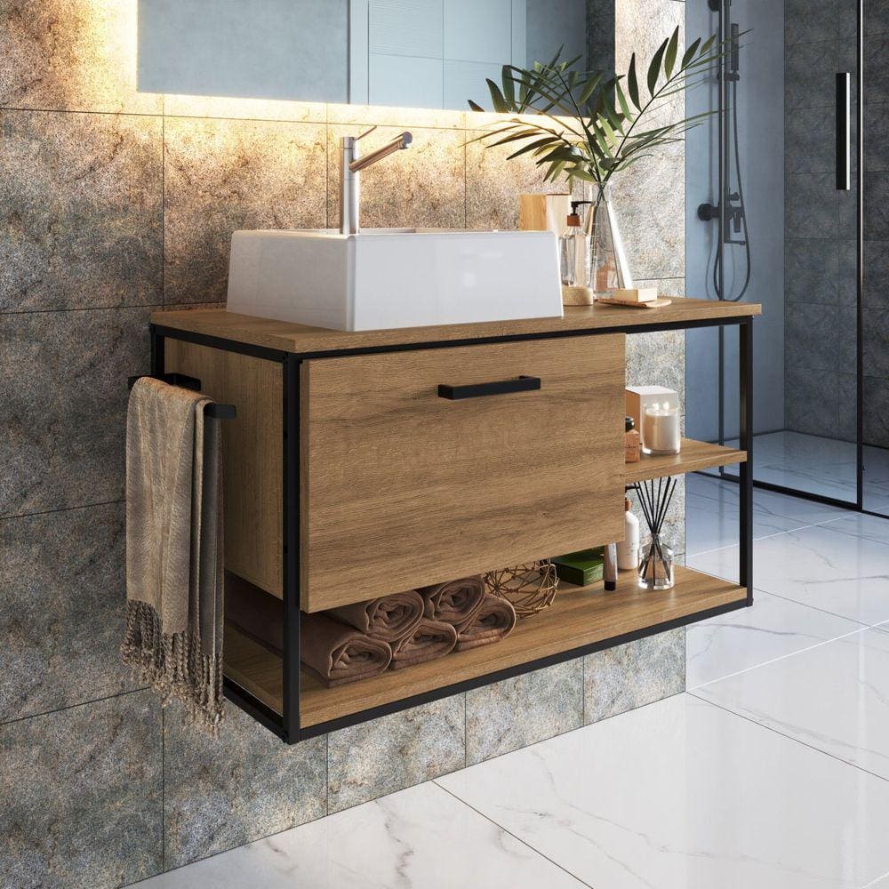 Gabinete Suspenso para Banheiro 80cm P1007 Sem Cuba Preto/Mel