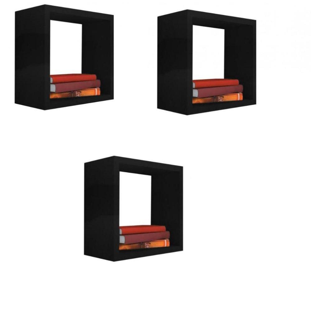Kit 3 Nicho Decorativo 15X15X20 Cm Preto Em Mdf
